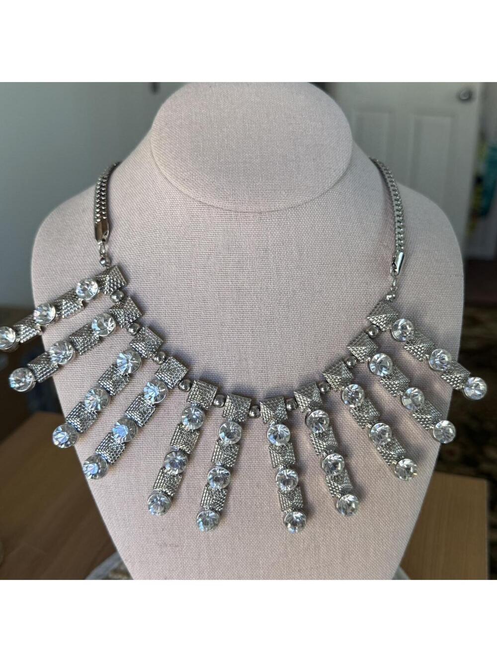 Vintage rhinestone fringe statement necklace silver tone bold glam drop